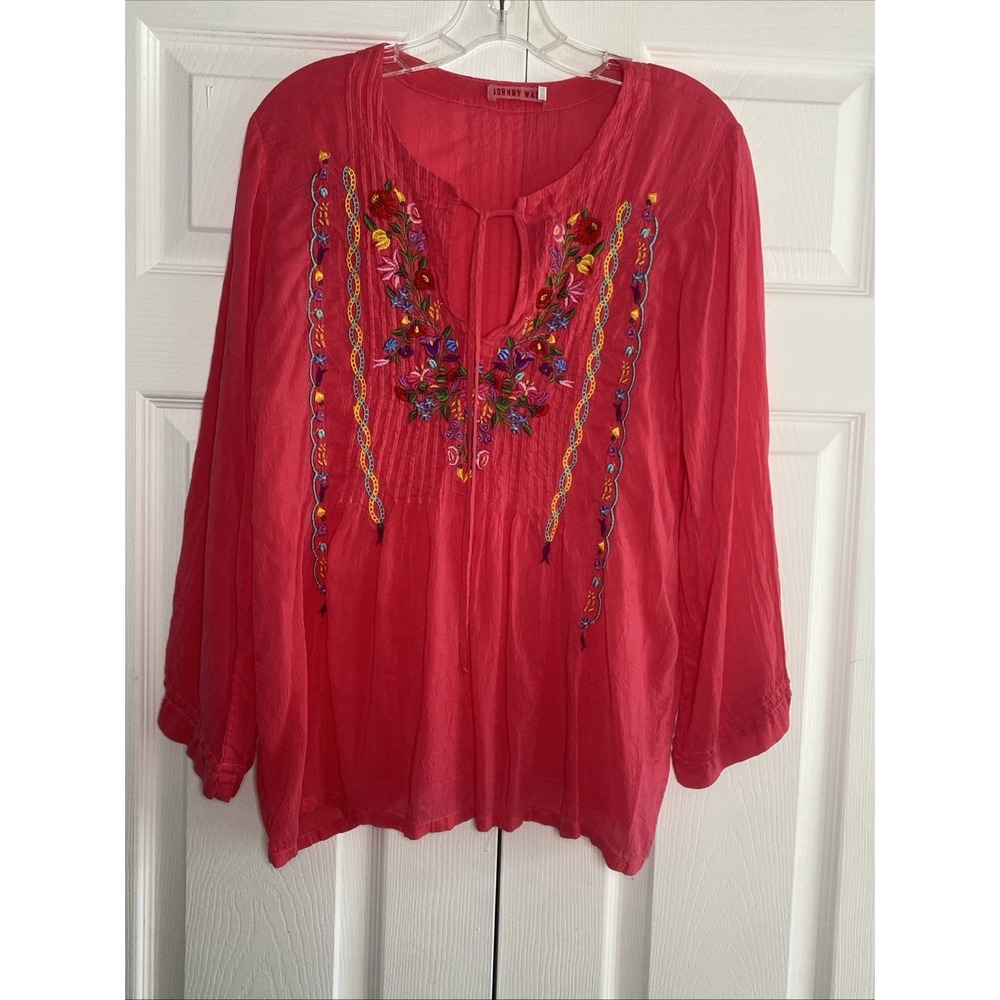 Johnny Was Embroidered Peasant Blouse Womens Size S Pink Floral Boho Top Cotton